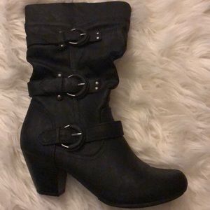 Black Mid-Calf Heeled Boot- Silver Accents